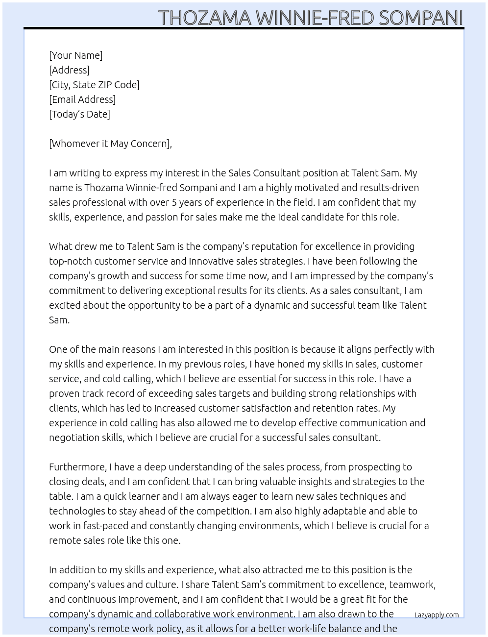 sales consultant At Talent Sam Cover Letter
