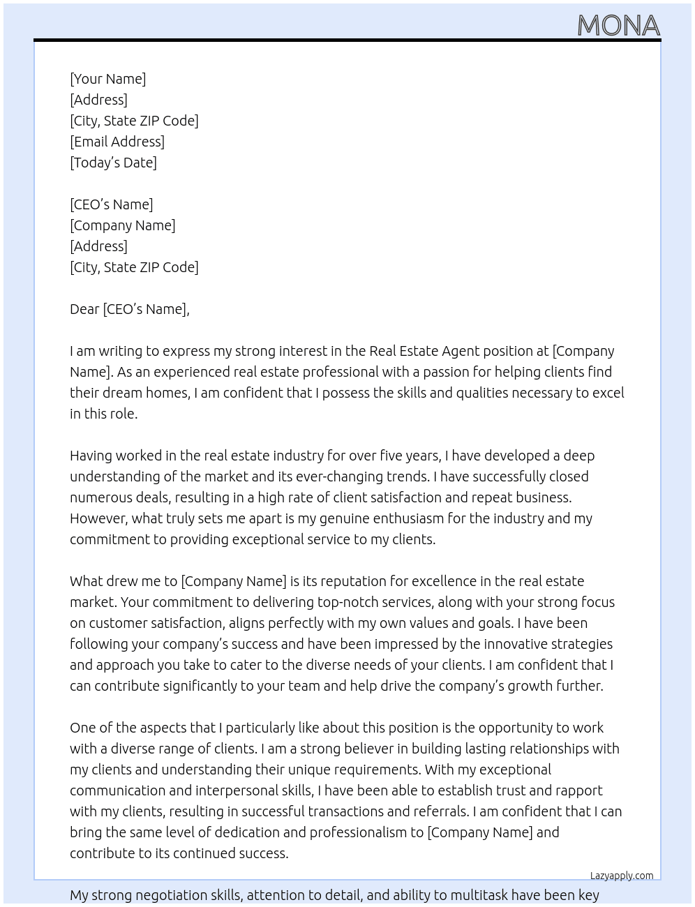 Real estate agent At Real estate Cover Letter
