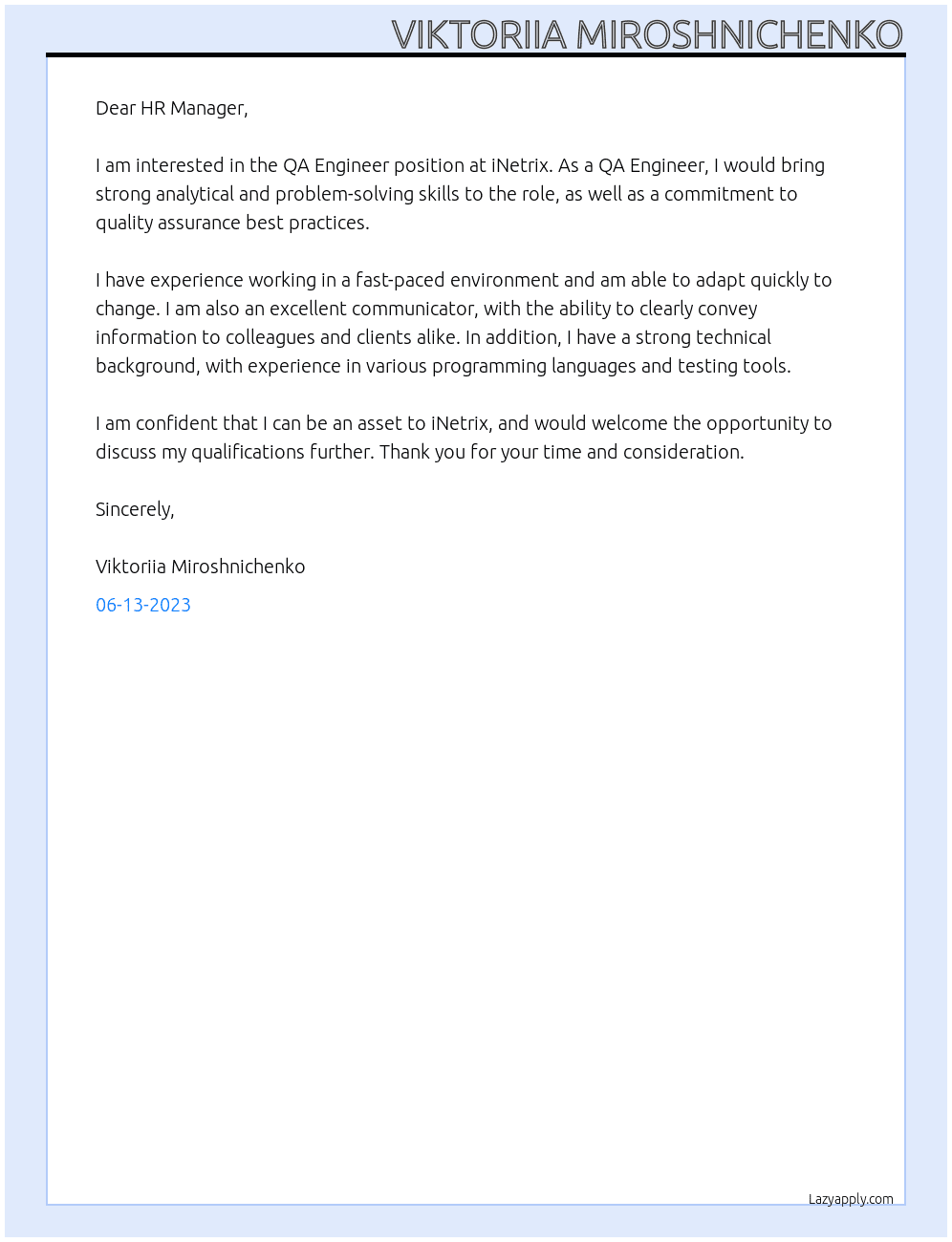 QA Engineer At iNetrix Cover Letter