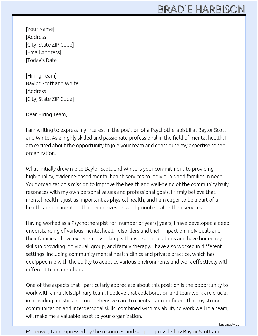 PSYCHOTHERAPIST II At Baylor Scott and White Cover Letter