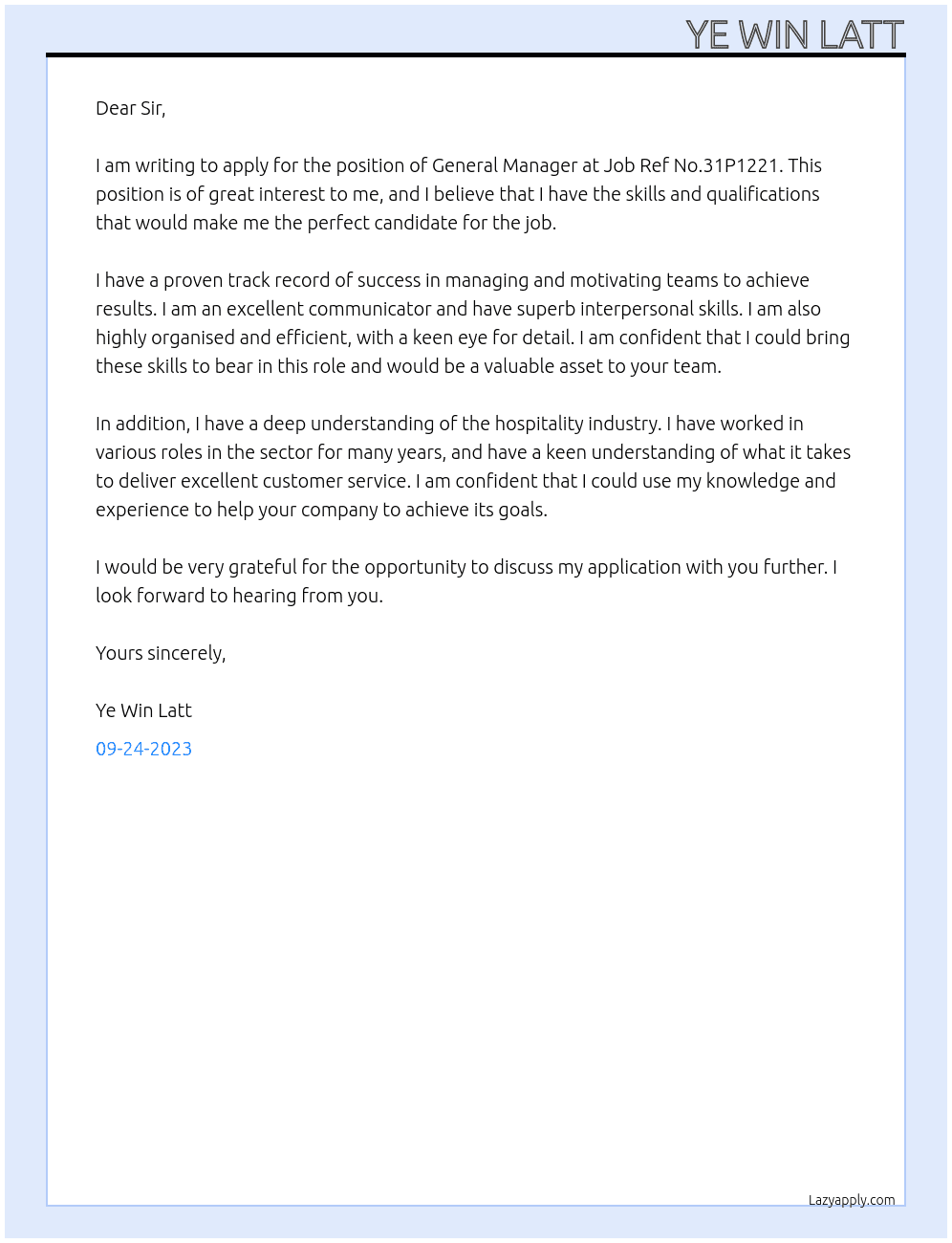 General Manager At Job Ref No.31P1221 Cover Letter