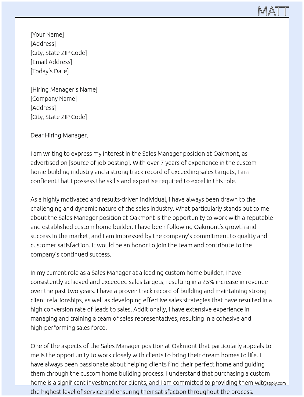Sales Manager Custom Home Builder At Oakmont Cover Letter