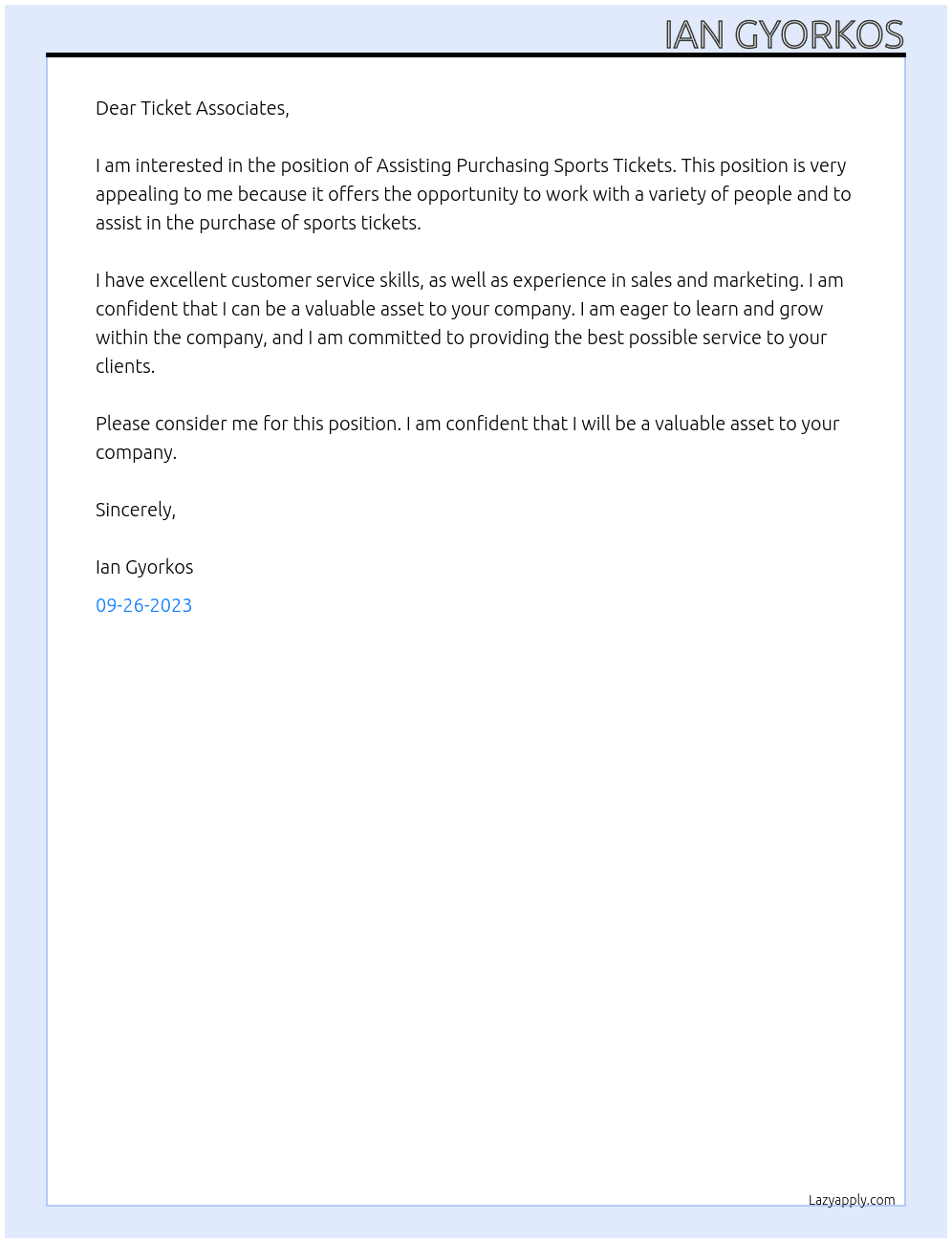 Assisting Purchasing Sports Tickets At Ticket Associates Cover Letter