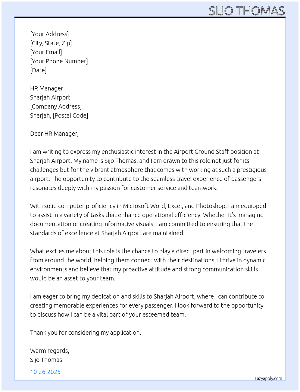 Airport ground staff At Sharjah airport Cover Letter