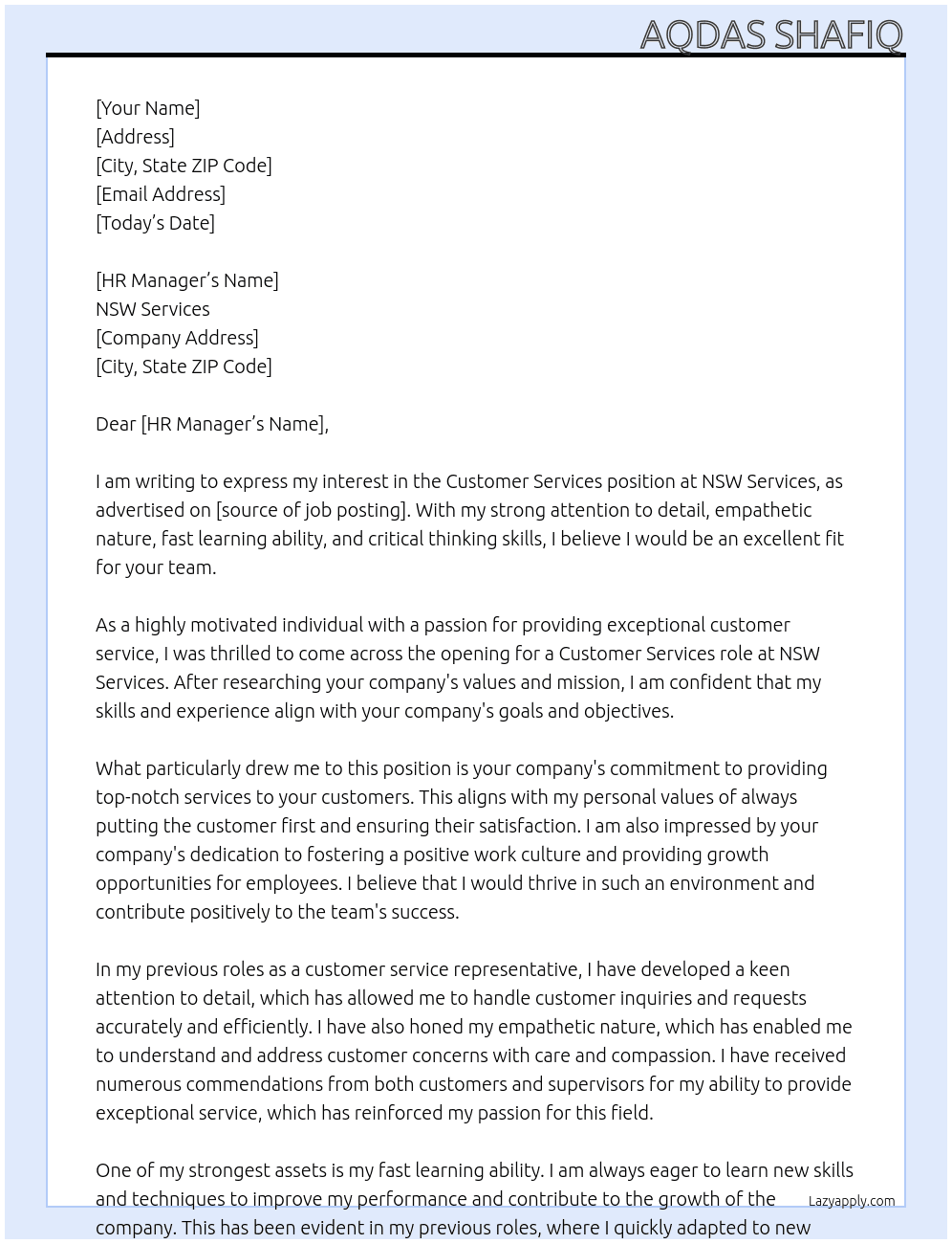 Customer services  At Nsw services Cover Letter