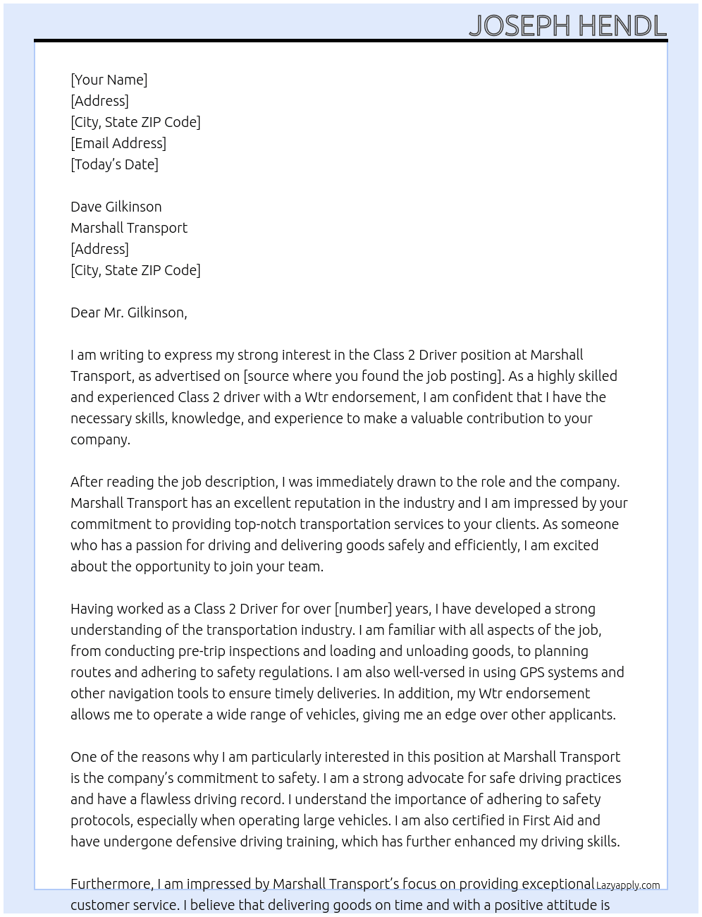 Class 2 Driver At Marshall Transport Cover Letter