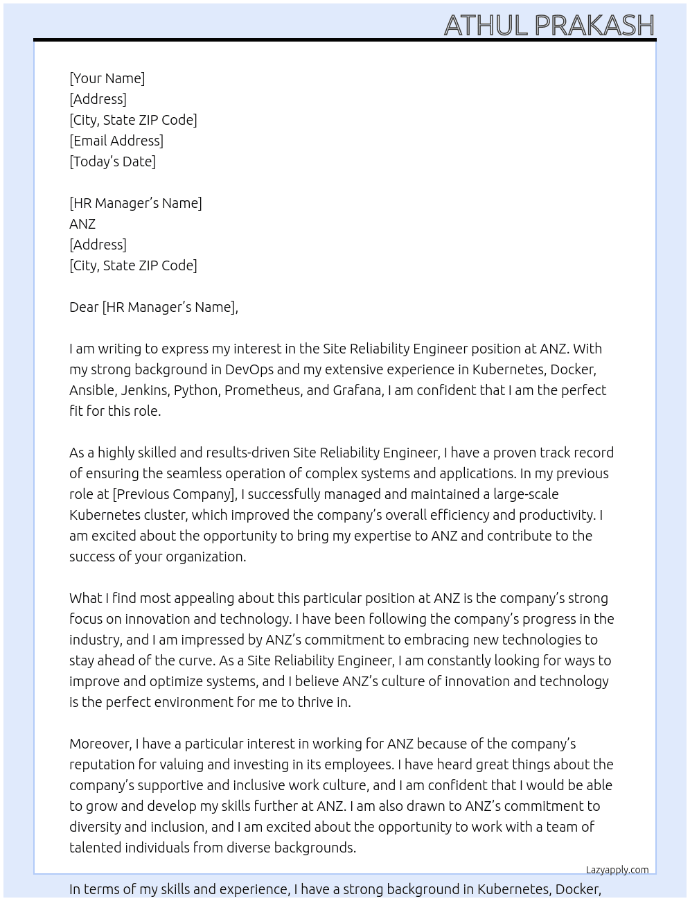 Site Reliability Engineer At ANZ Cover Letter