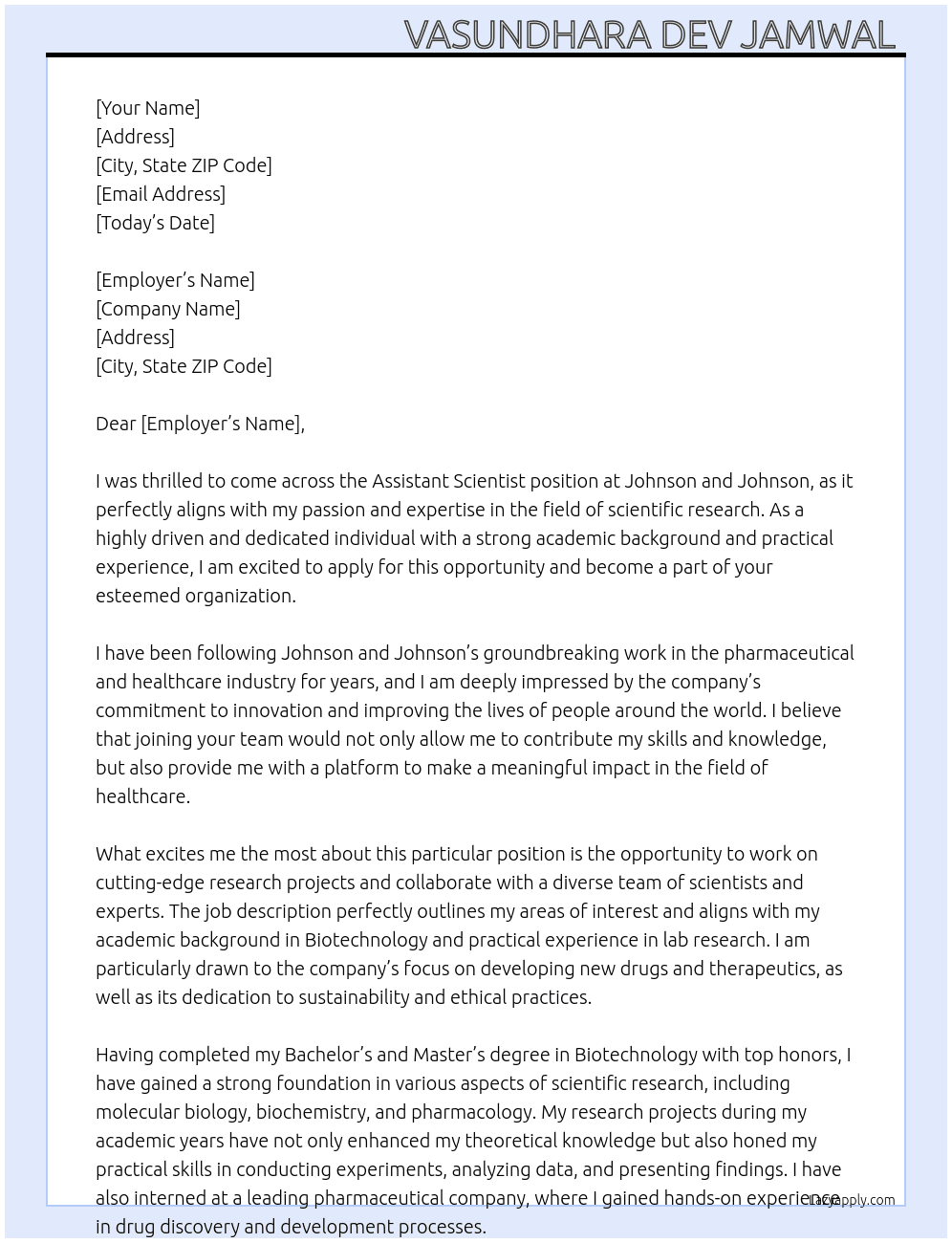 Assistant Scientist  At Johnson and Johnson  Cover Letter