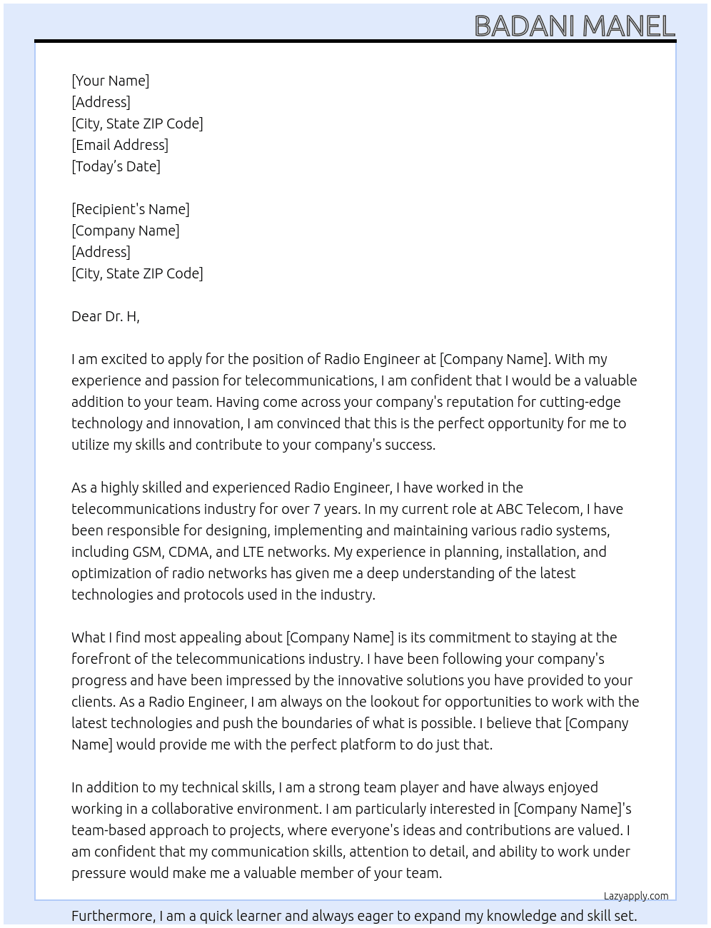 Radio Engineer At telecom company Cover Letter