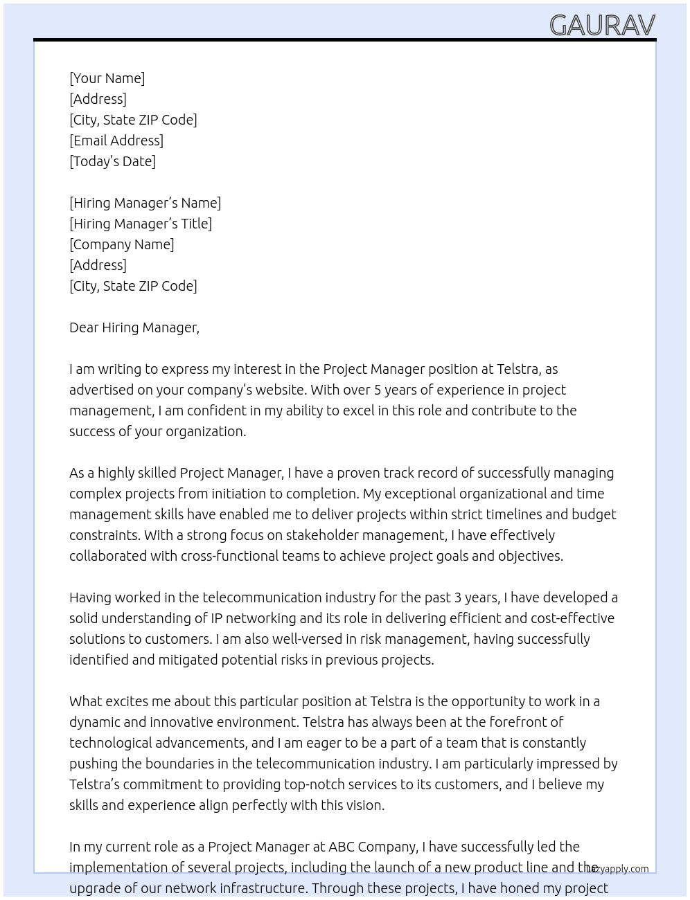 Project Manager At Telstra Cover Letter