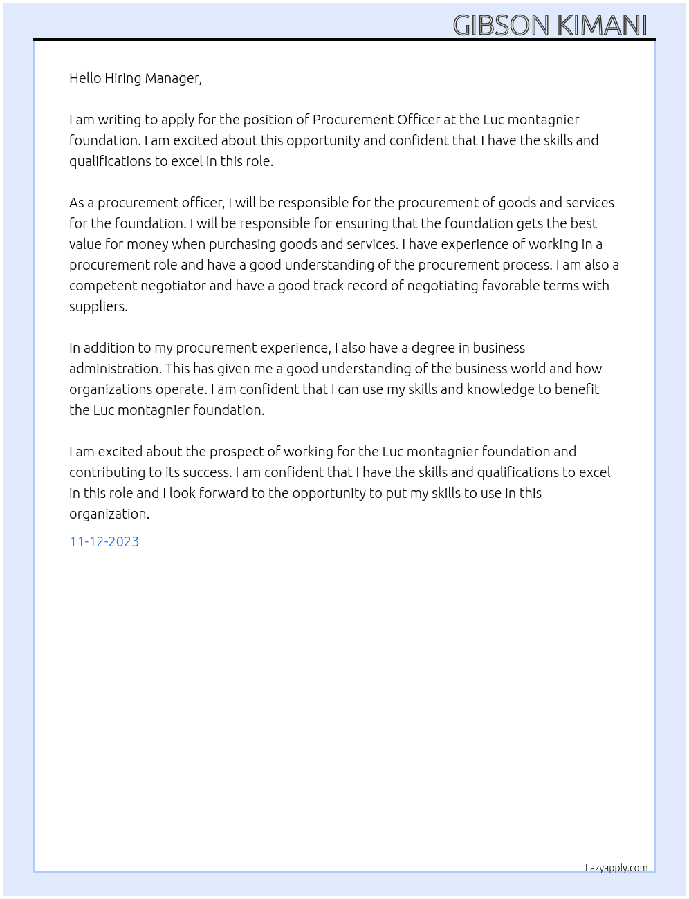 Procurement officer  At Luc montagnier foundation  Cover Letter