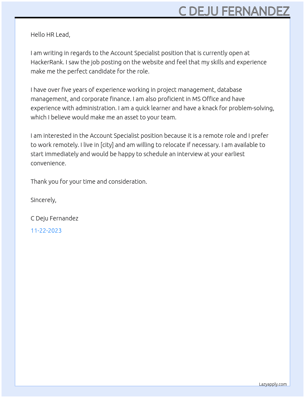 Account Specialist At HackerRank Cover Letter