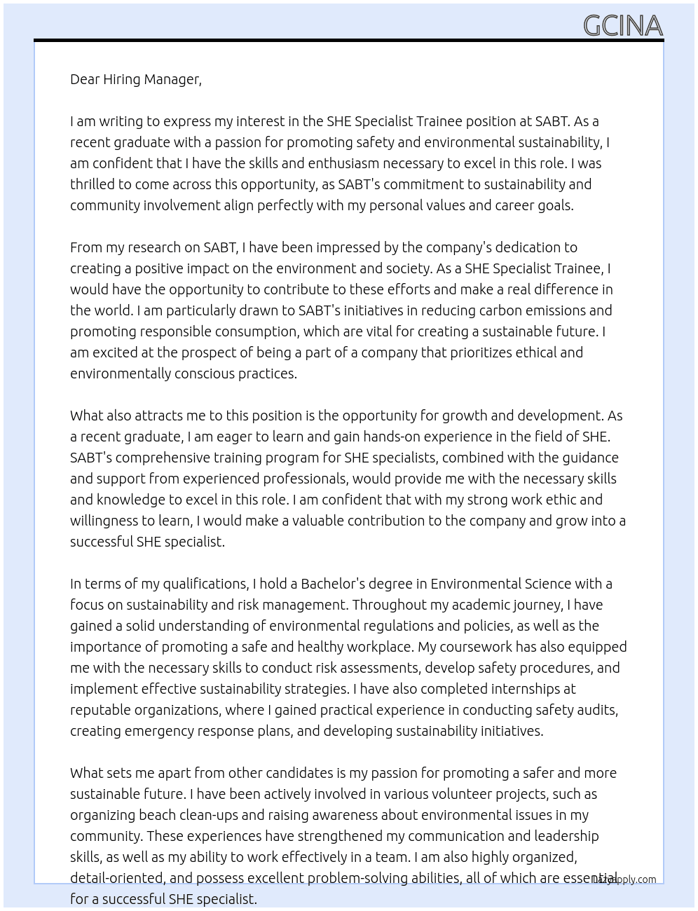 SHE specialist trainee At SABT Cover Letter