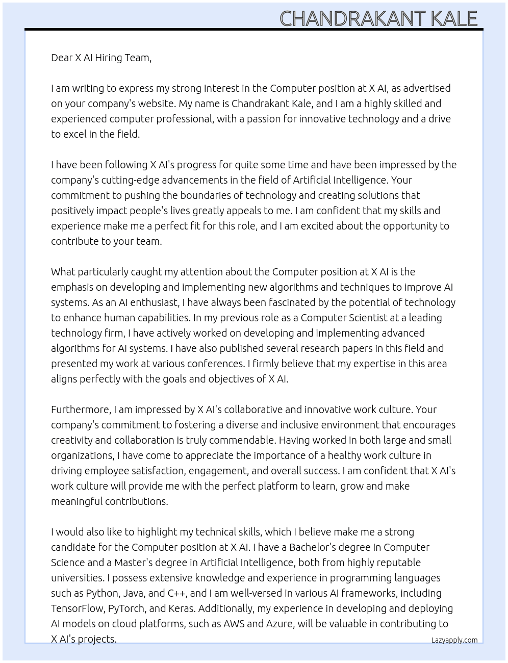 Computer  At X AI Cover Letter