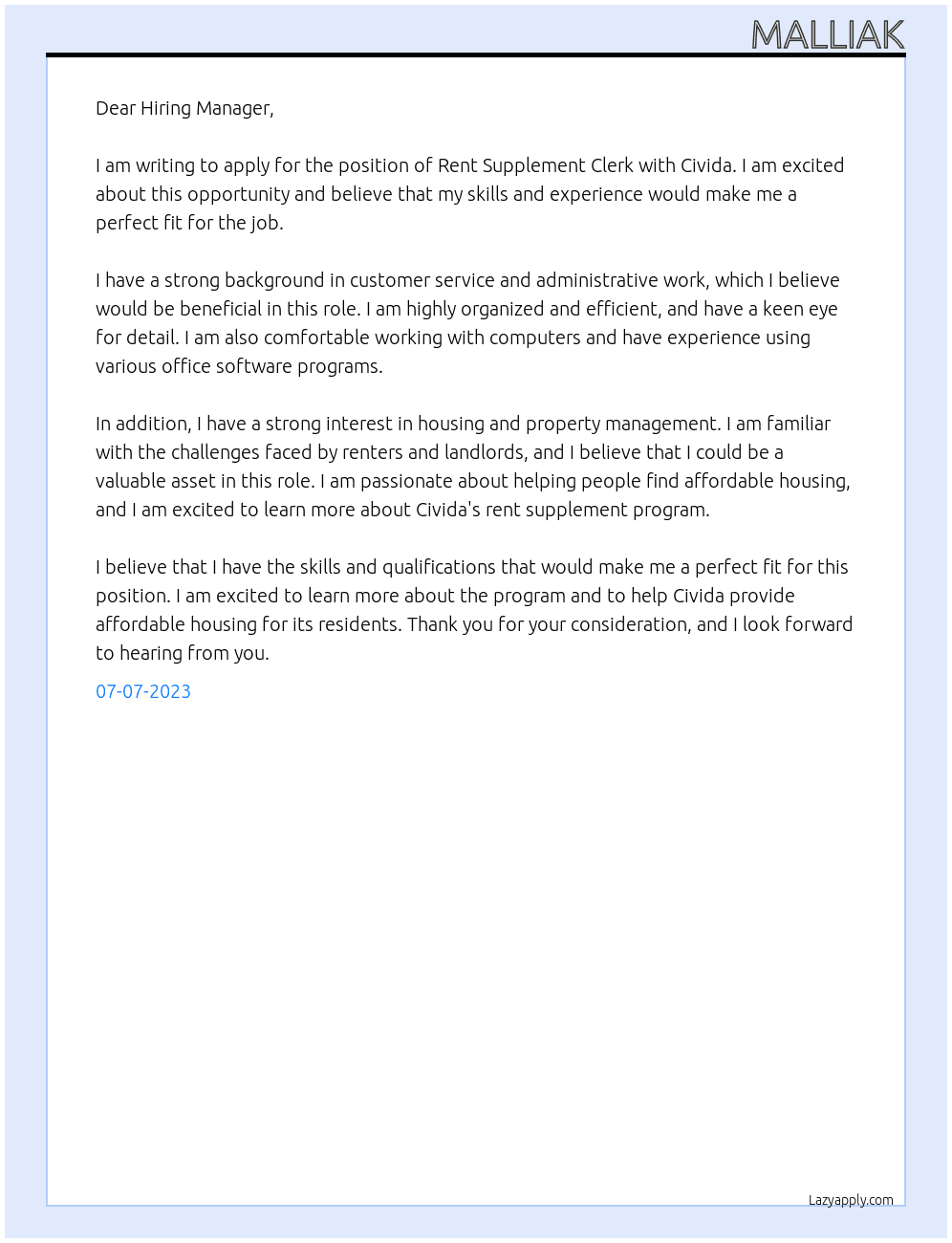 Rent Supplement Clerk At Civida Cover Letter