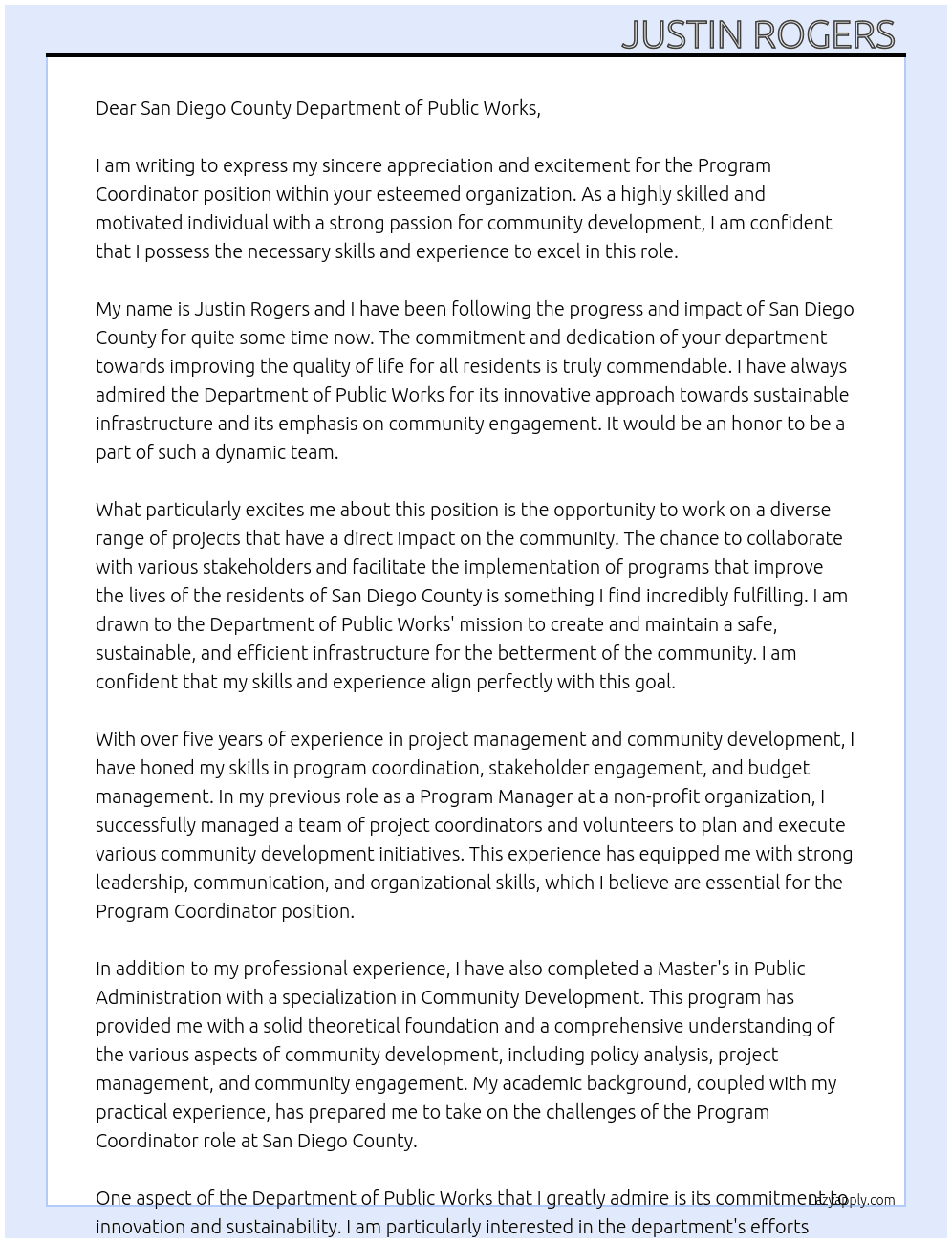 Program Coordinator-Department of Public Works At San Diego County  Cover Letter