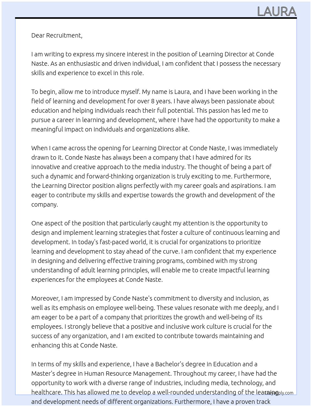 Learning Director At Conde Naste Cover Letter