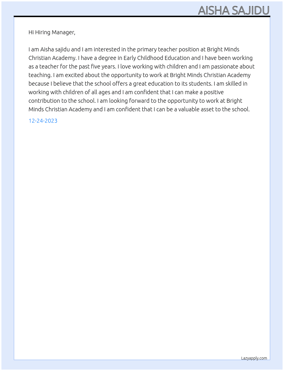 Primary teacher At Bright Minds Christian Academy Cover Letter