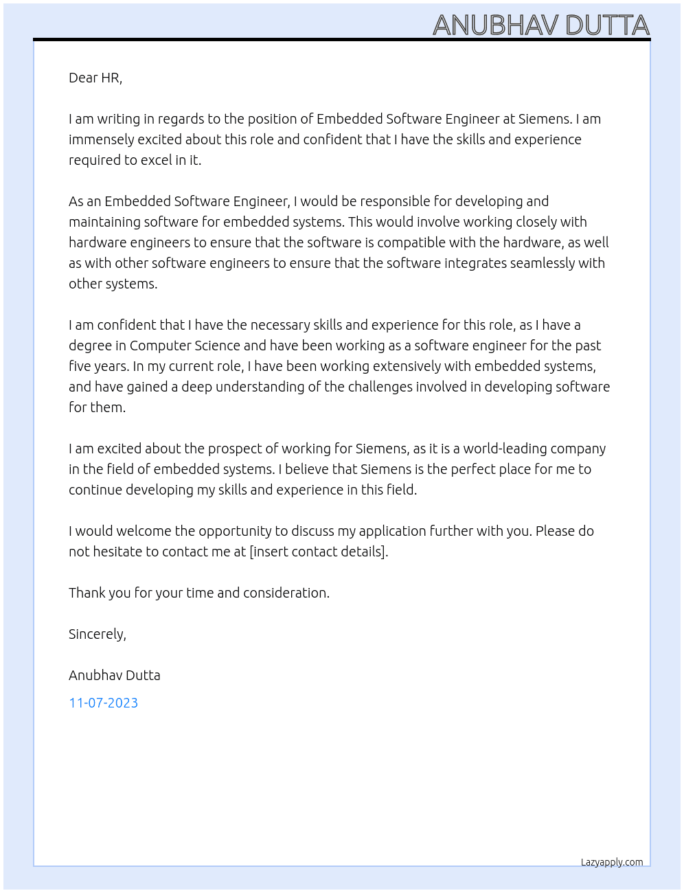Embedded Software Engineer At Siemens Cover Letter