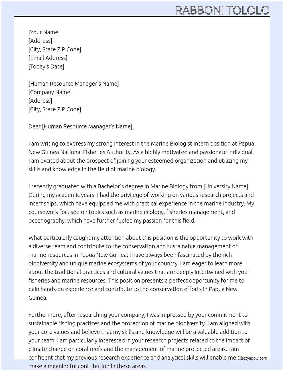 Marine biologist intern At Papua New Guinea National Fisheries Authority Cover Letter