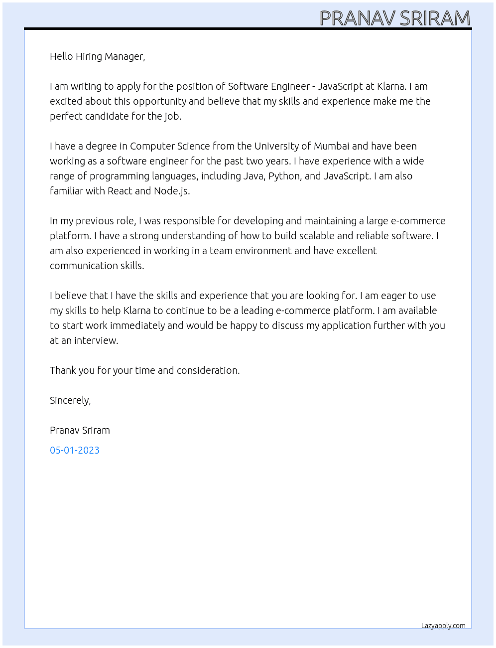 Software Engineer - JavaScript At Klarna Cover Letter