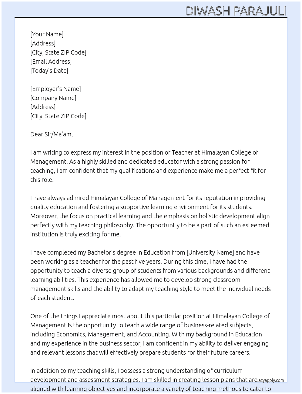 teacher At Himalayan College of management Cover Letter