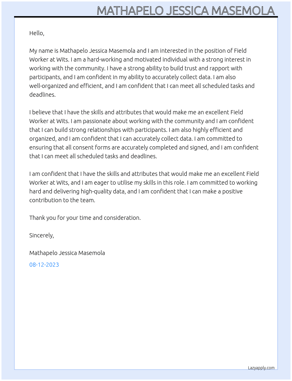 field worker  At wits  Cover Letter