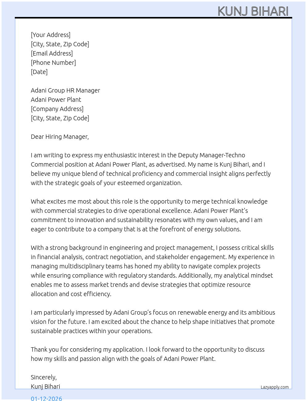 Deputy Manager-Techno Commercial  At Adani Power Plant Cover Letter