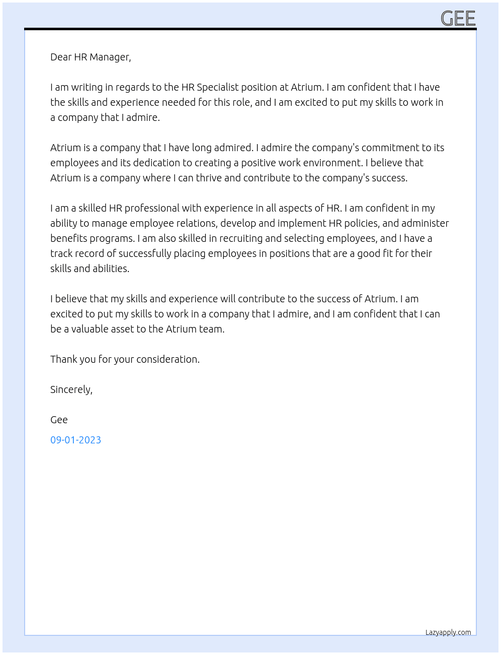 HR Specialist At Atrium Cover Letter