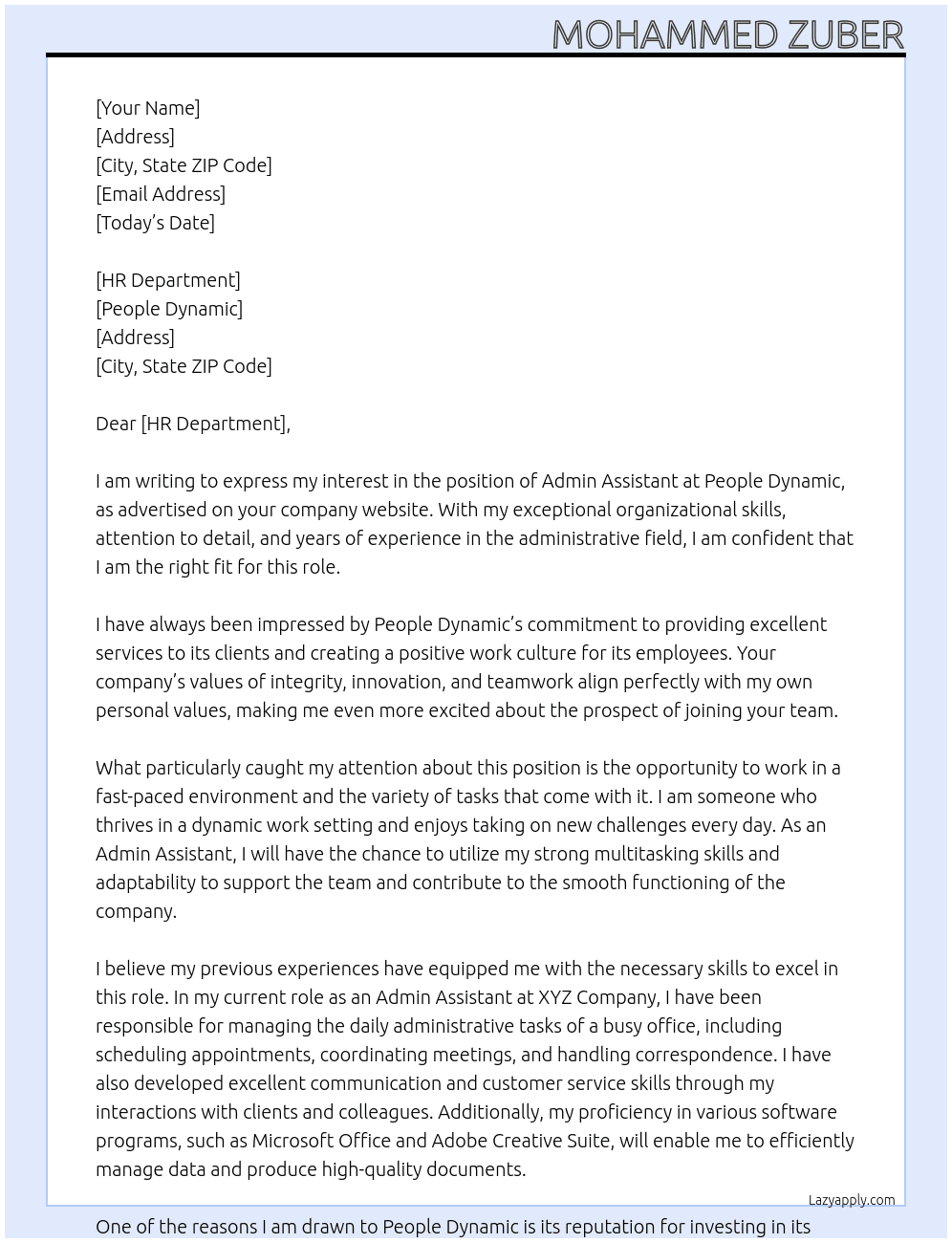 ADMIN ASSISTANT At PEOPLE DYANAMIC Cover Letter
