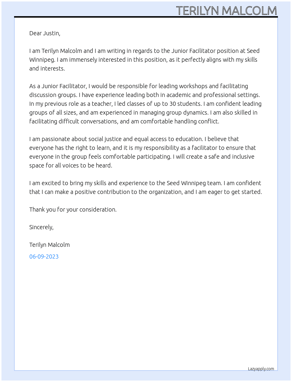 Junior Facilitator At Seed Winnipeg Cover Letter