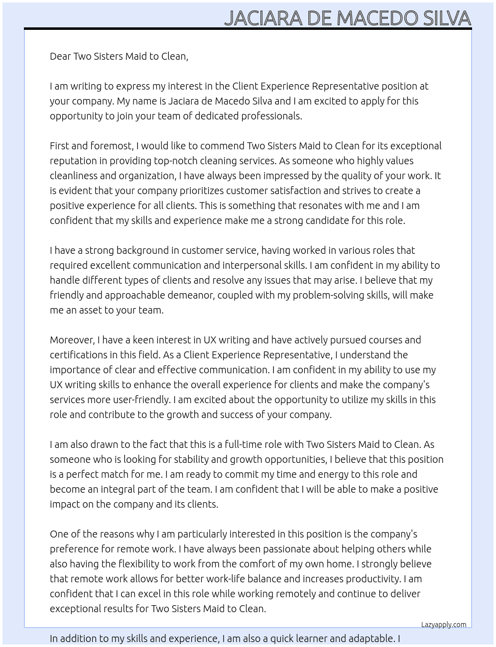 Client Experience Representative At Two Sisters Maid to Clean Cover Letter