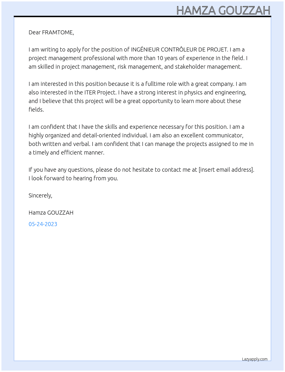 INGÉNIEUR CONTRÔLEUR DE PROJET At FRAMTOME Cover Letter