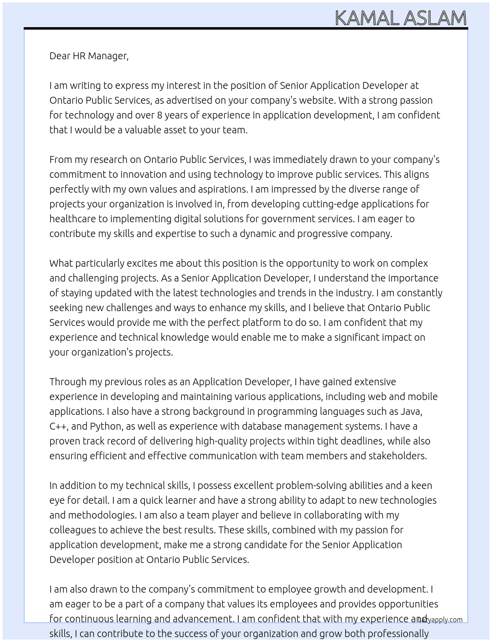 Senior Application Developer At Ontario Public Services Cover Letter