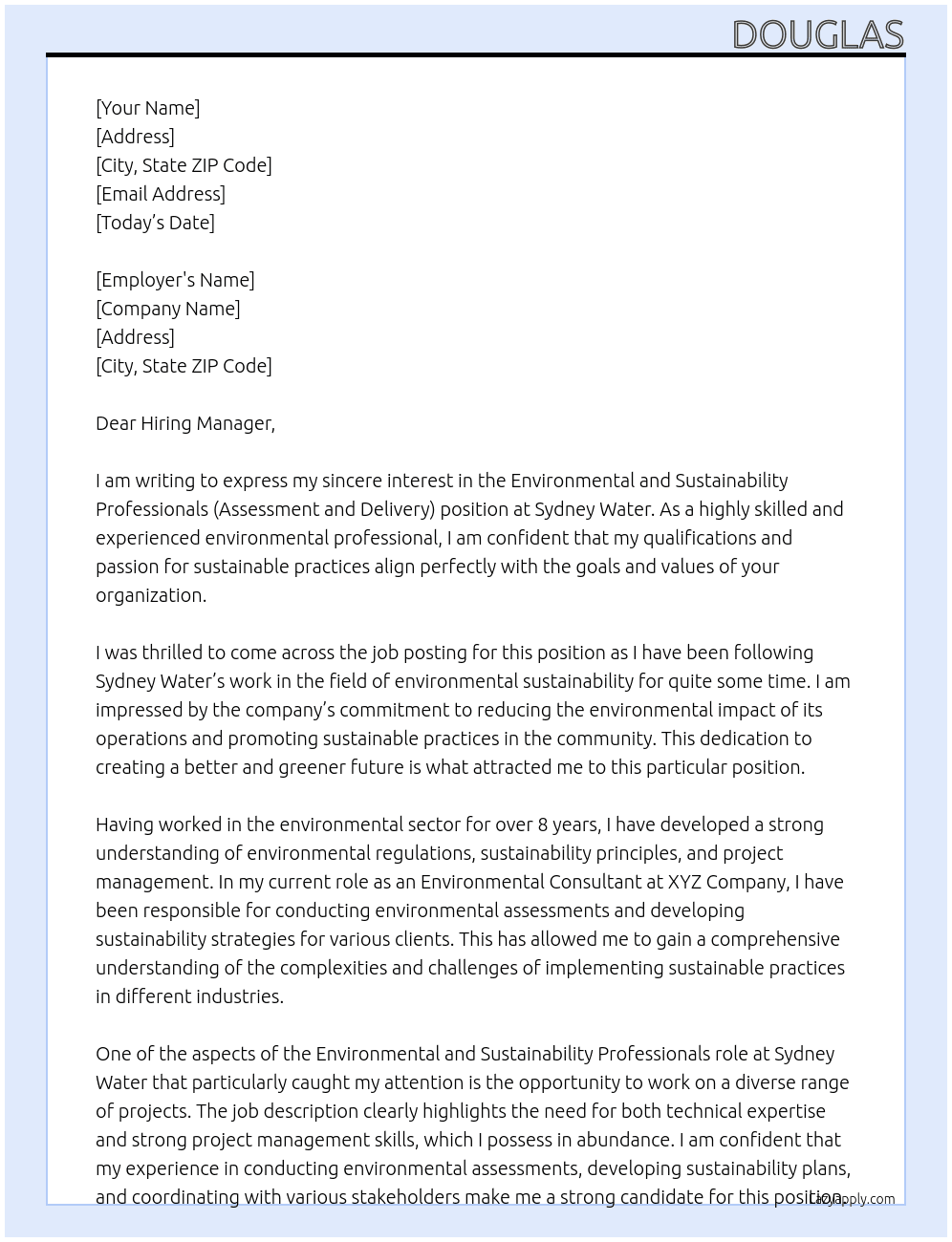 Expression of interest –Environmental and sustainability professionals (assessment and delivery) At Sydney water Cover Letter