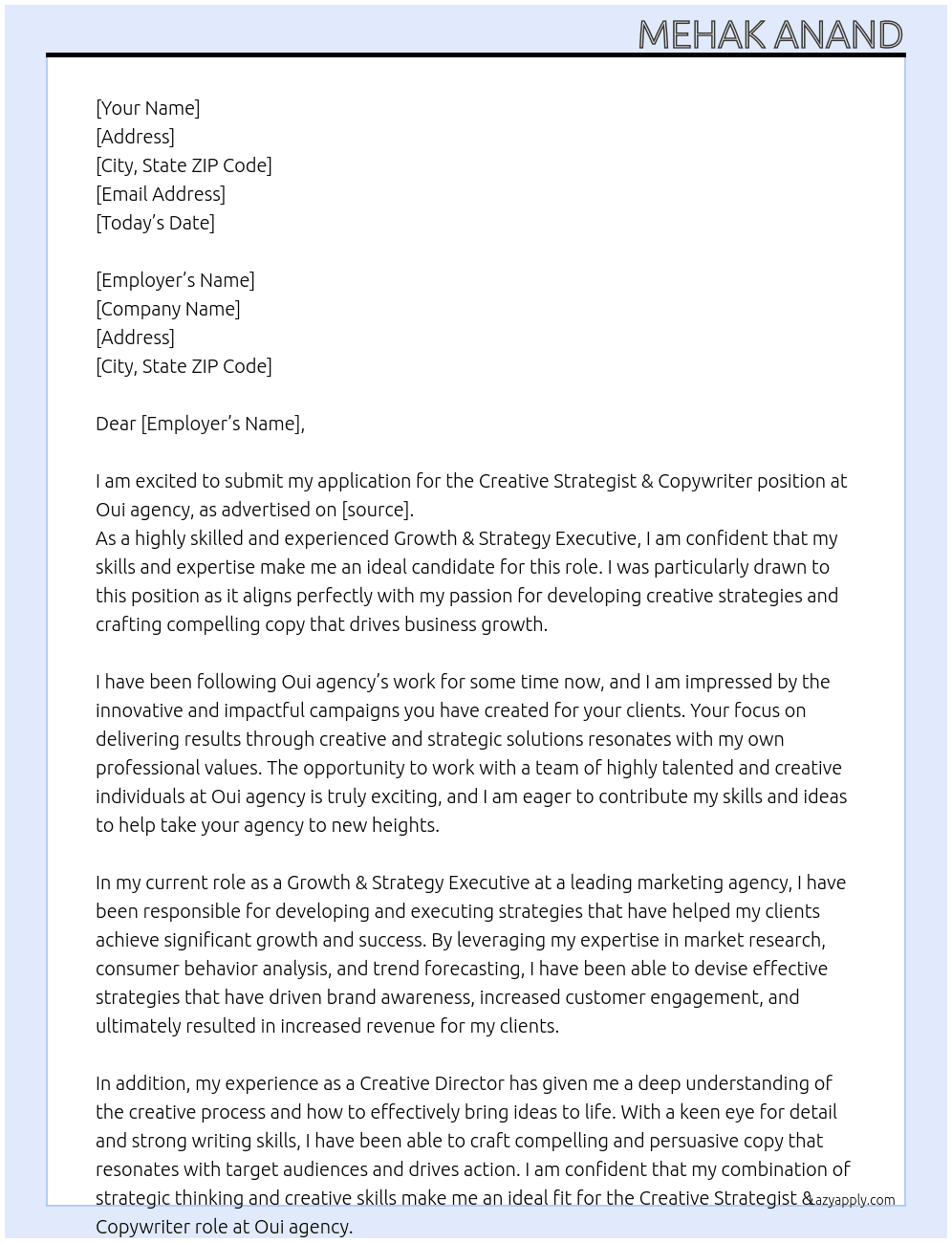 Creative Strategist & Copywriter At Oui agency Cover Letter