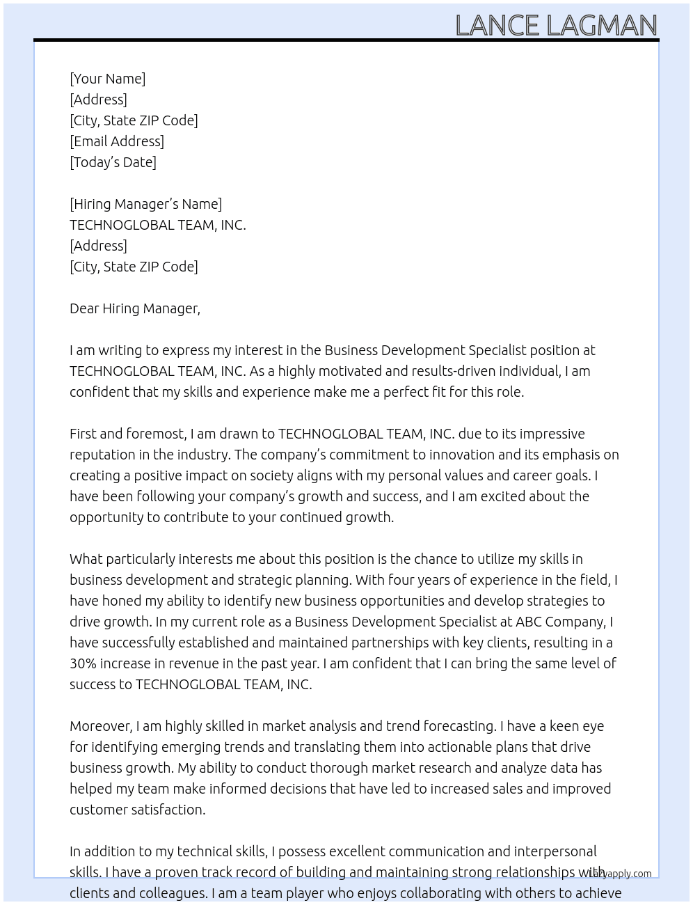 Business Development Specialist At TECHNOGLOBAL TEAM, INC. Cover Letter
