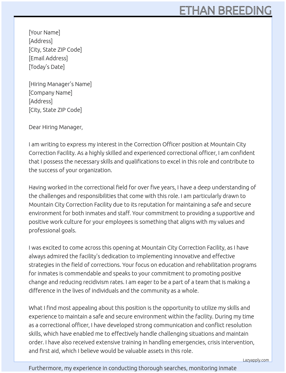 Correction Officer At Mountain City Correction Facility  Cover Letter