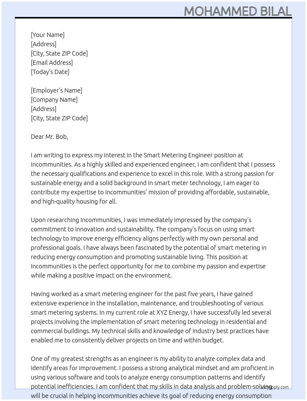 Smart metering engineer At Incommunities Cover Letter