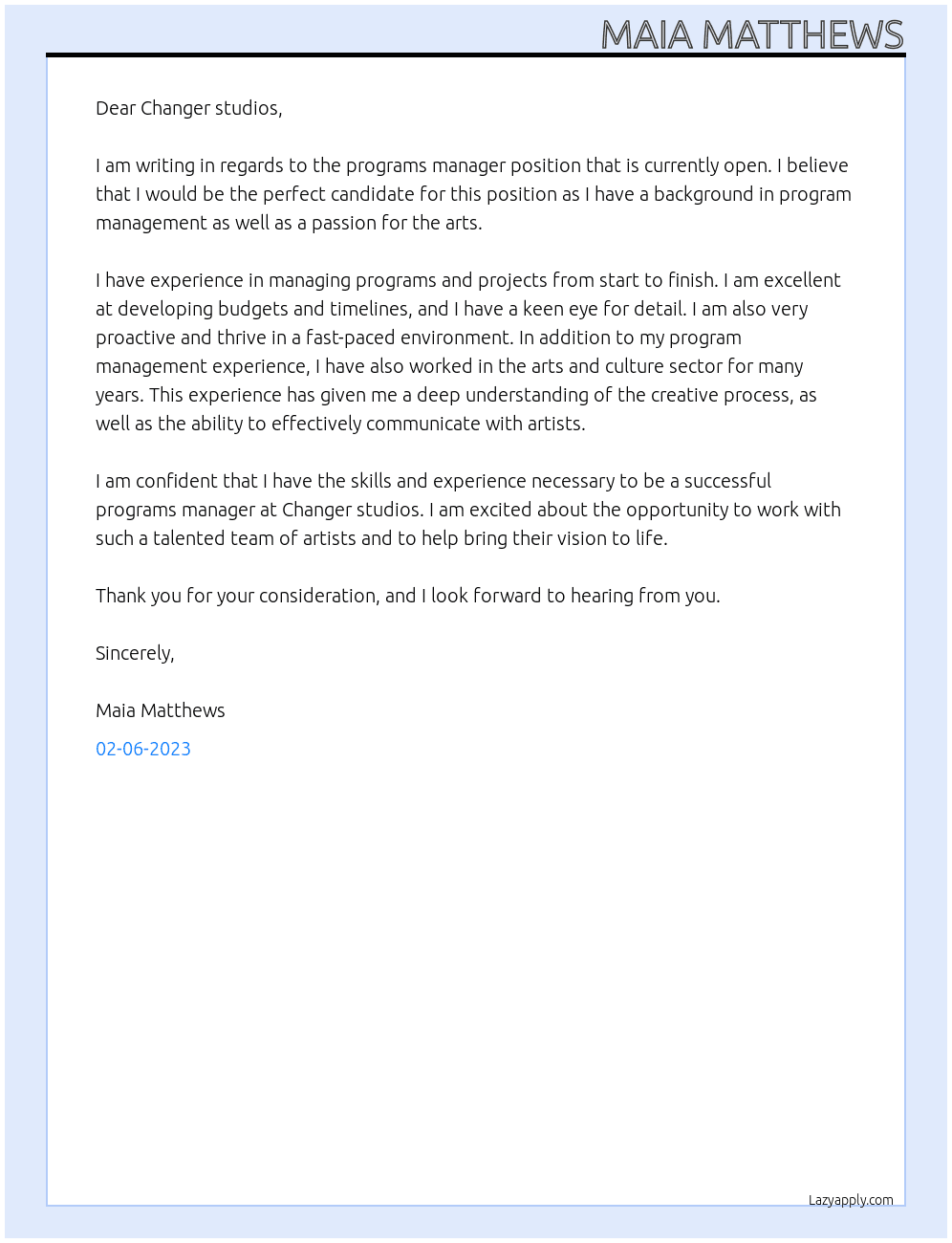 Programs Manager At Changer studios Cover Letter