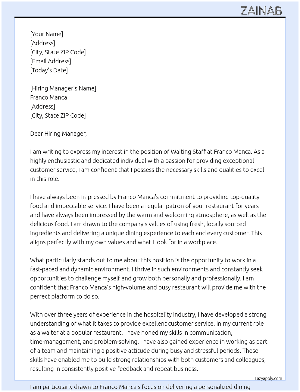 Waiting Staff At Franco Manca Cover Letter