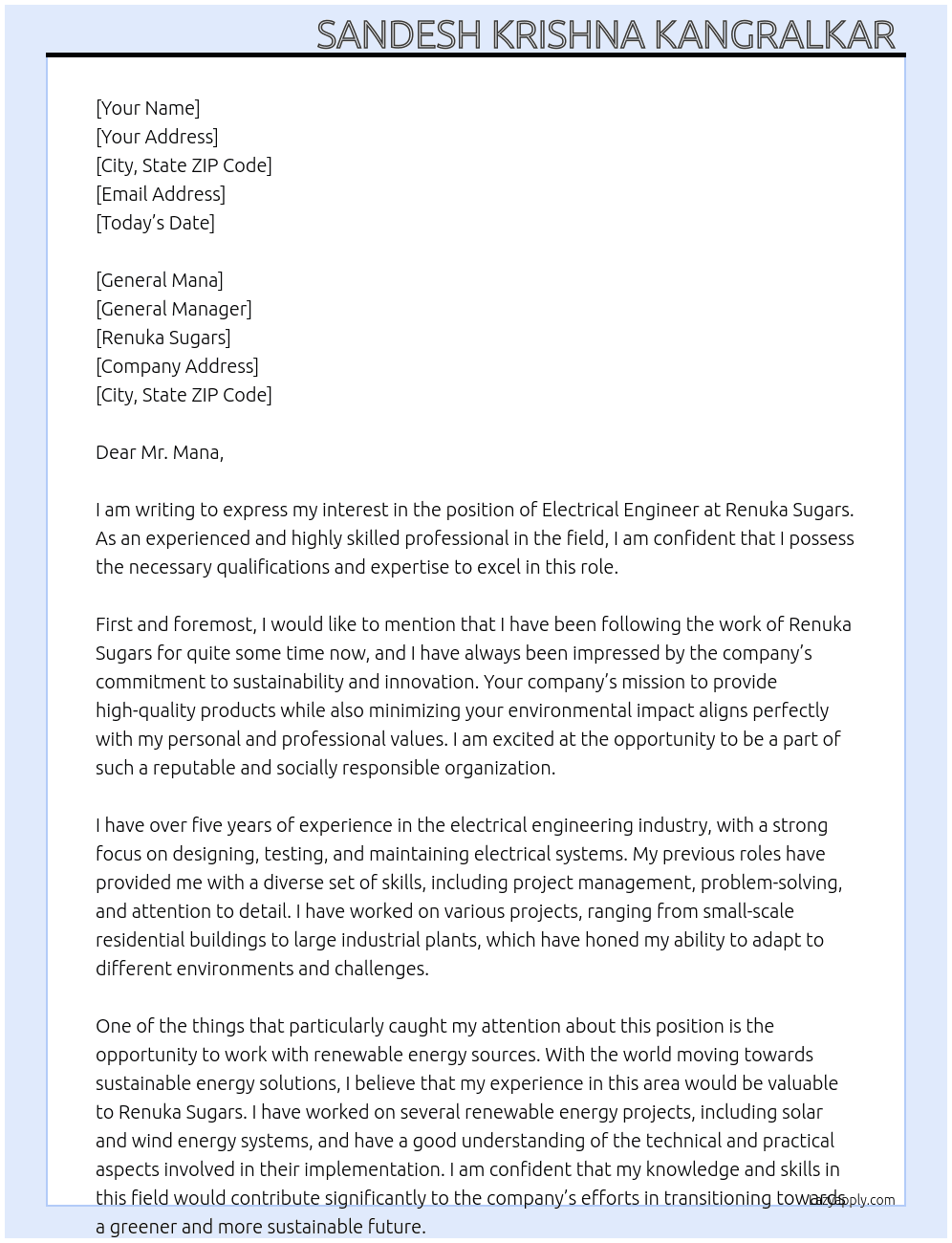 Electrical engineer  At Renuka sugars Cover Letter