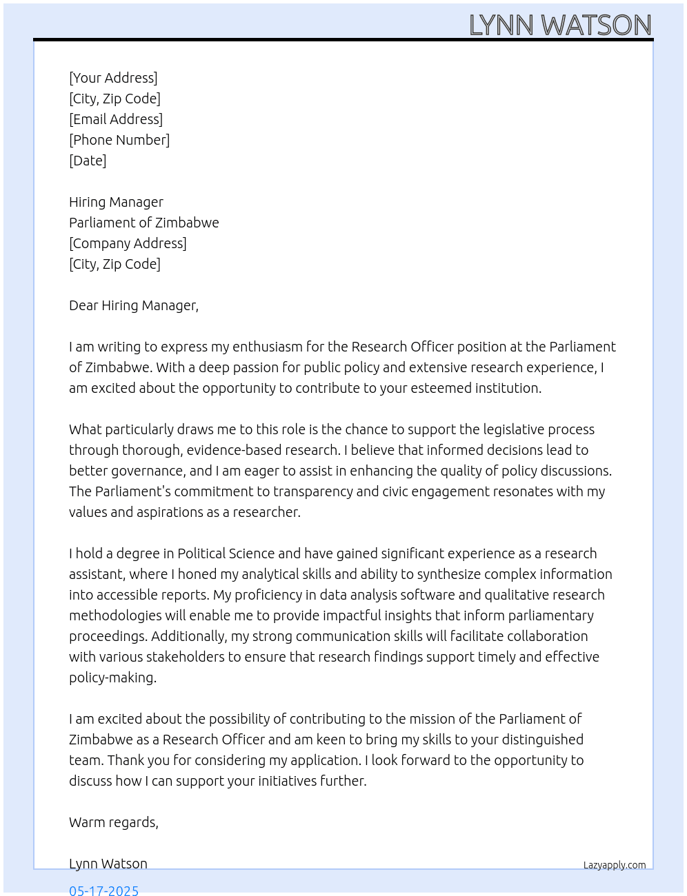Research officer At Parliament of Zimbabwe Cover Letter