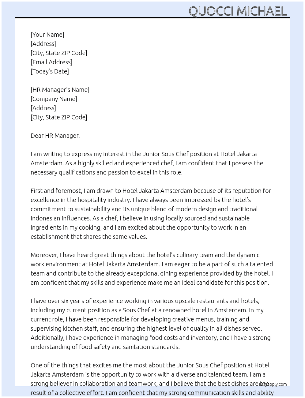 Junior sous chef At Hotel Jakarta Amsterdam Cover Letter