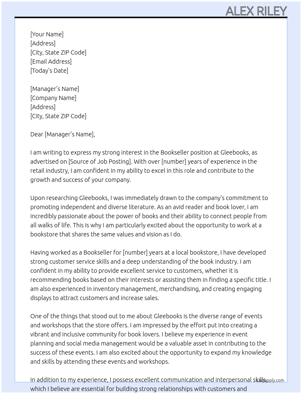 Bookseller At Gleebooks Cover Letter