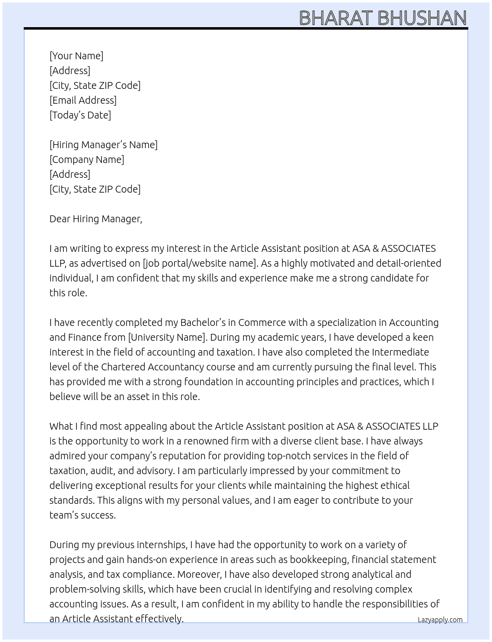Article Assistant  At ASA & ASSOCIATES LLP Cover Letter