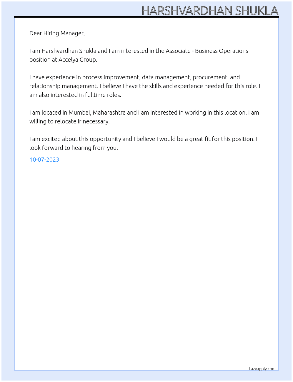 Associate - Business Operations At Accelya Group Cover Letter