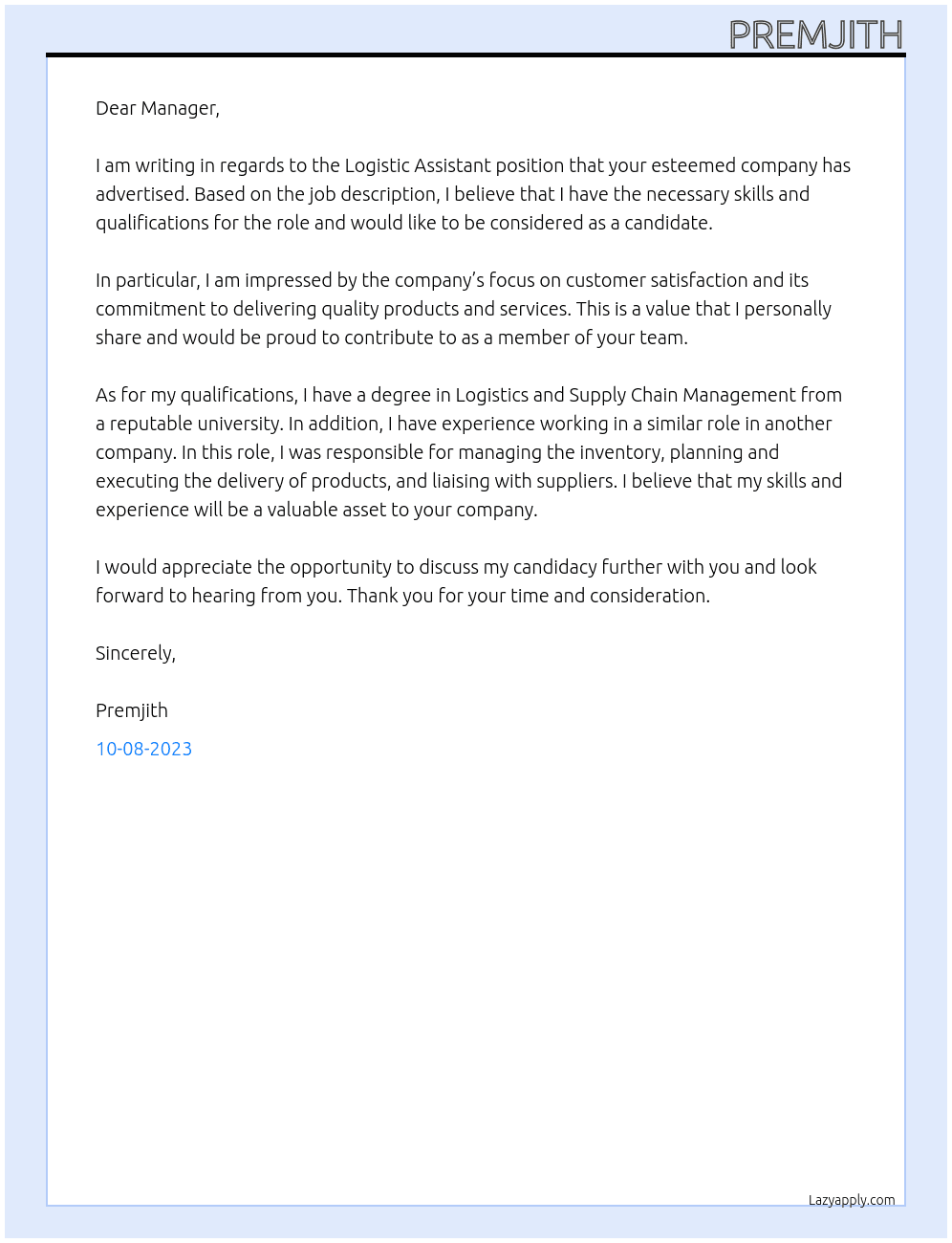 Logistic Assistant At your esteemed Cover Letter