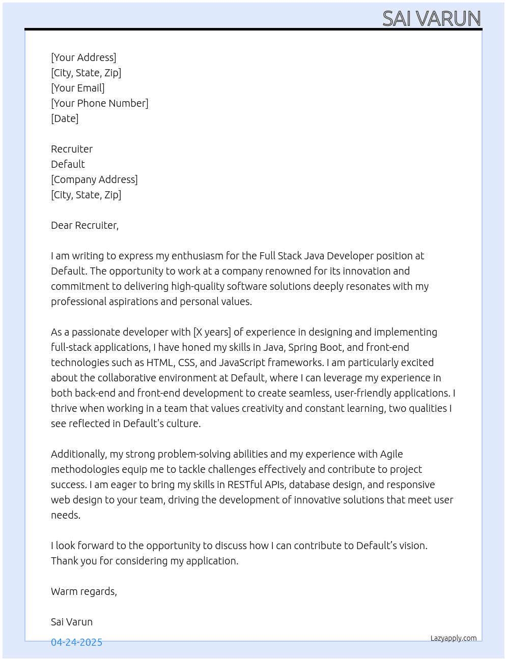 full stack java developer At default Cover Letter