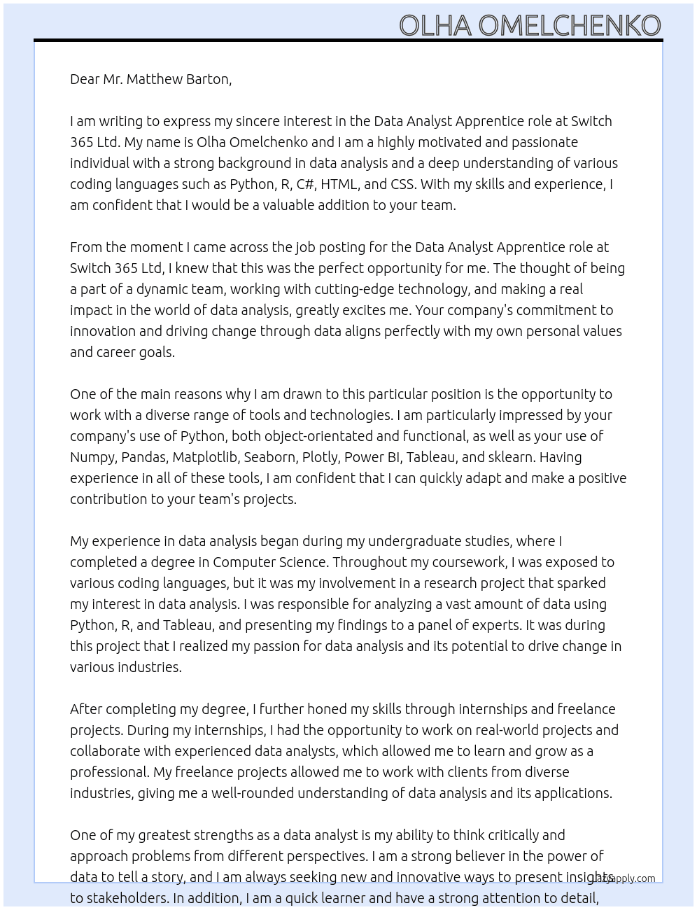 Data Analys At Switch 365 Ltd Cover Letter